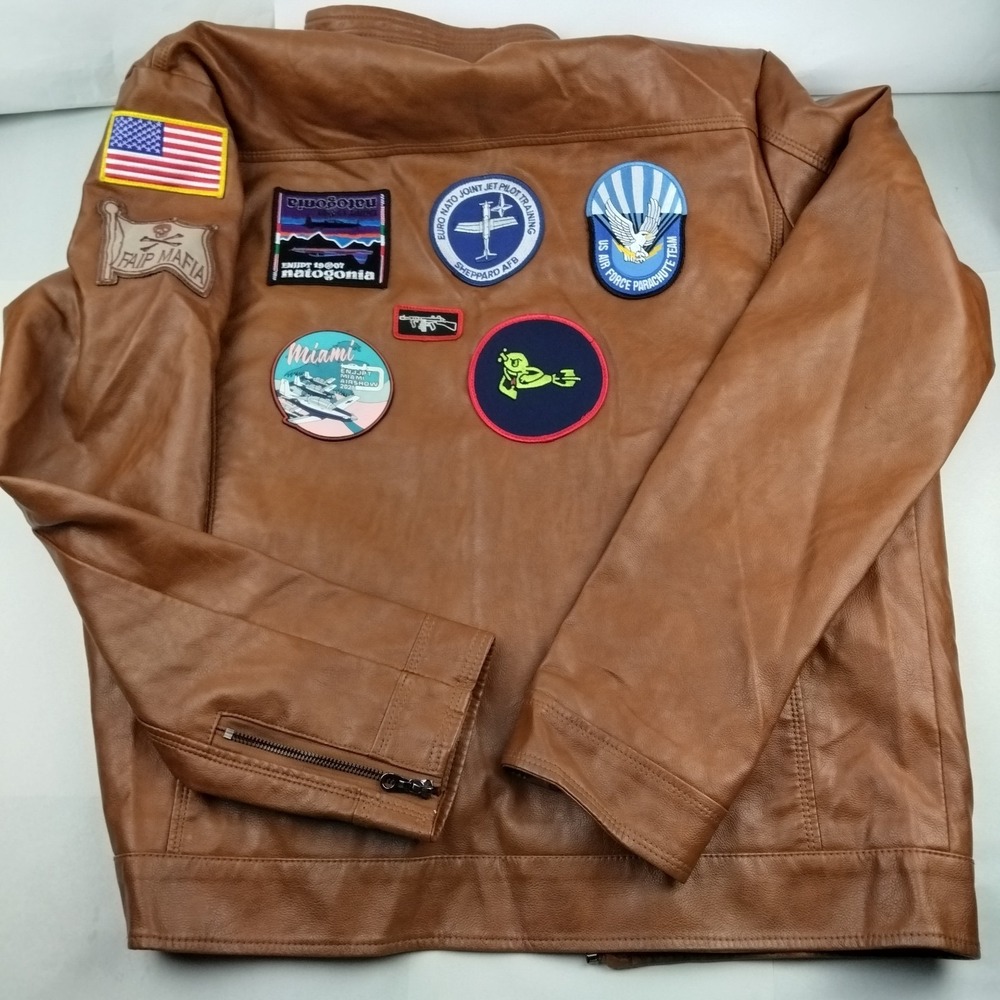 Wulful Faux Leather Jacket Military Air Force Patches Bomber Top Gun Style Men L